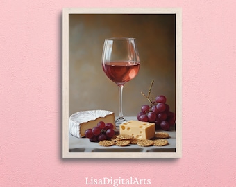 Wine and Cheese Still Life Art Print: Elegant Kitchen Decor (Digital Download