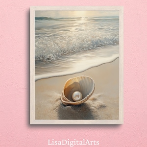 Arte mural de conchas marinas y perlas: imprimible de lujo con calma costera, decoración de spa para baño, póster oceánico en tonos neutros suaves, lámina artística de conchas marinas