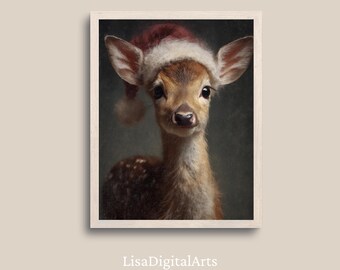 Christmas Baby Deer Art Print, Santa Hat Fawn, Holiday Nursery Decor (Digital Download)