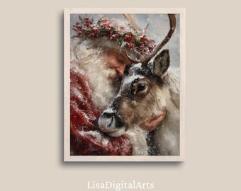 Kunst kerstman en rendieren | Kerst-winterafdruk