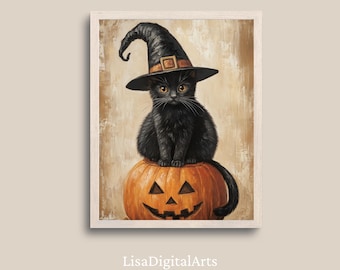 Black Cat Halloween Poster, Retro Witch Cat and Pumpkin Print, Vintage Halloween Art, Jack O Lantern Digital Download
