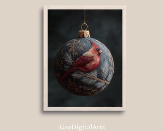 Cardinal Christmas Ornament Art Print, Vintage Holiday Decor, Red Bird Winter Wall Art