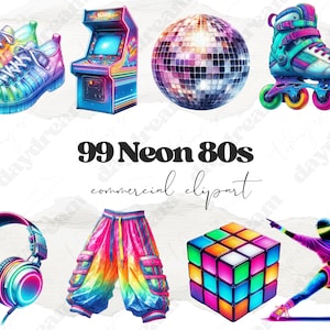 Neon 80er Jahre Aquarell Clipart: PNG-Grafik, kommerzielle Nutzung (Digitaler Download)