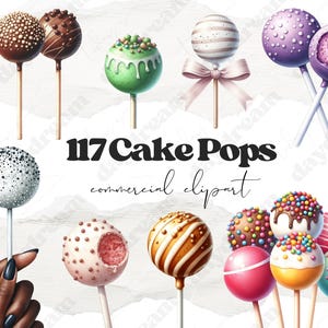 ケーキポップの水彩画クリップアート、高品質 300DPI、商用利用、PNG 透明背景グラフィック、デジタルステッカー、即時ダウンロード