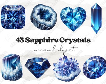 Puede incluir: Una variedad de 43 cristales de zafiro en varias formas, incluyendo un cuadrado, un corazón y un diamante facetado. Los cristales son de color azul y están etiquetados como clipart comercial.