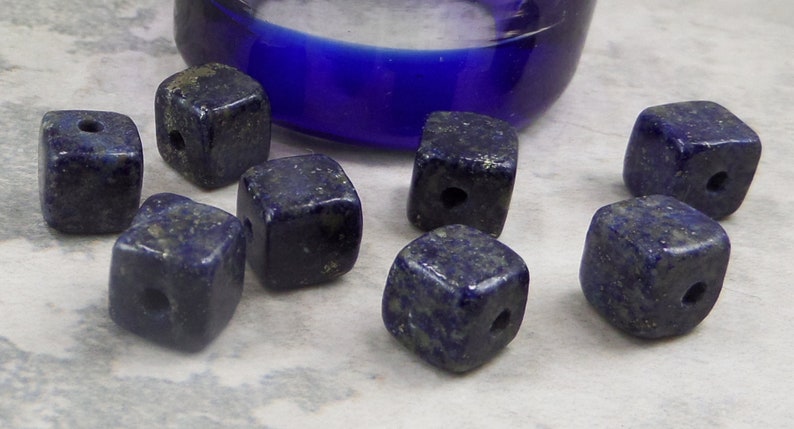 Genuine Lapis Lazuli Set of Six 8MM Excellent Quality Deep Blue Large Hole 2MM Drilled Cube Beads