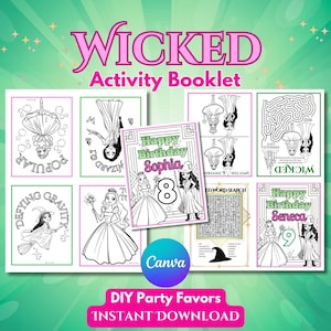 Puede incluir: Un cuadernillo de actividades con temática de Wicked con varias páginas para colorear, laberintos y búsquedas de palabras. La portada presenta un diseño de cumpleaños con el nombre "Sophia" y el número "8". El cuadernillo está diseñado para recuerdos de fiesta DIY y está disponible para descarga instantánea.