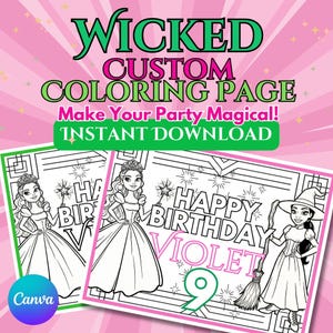 Personalisierte Wicked Malseite Tischset, Wicked Benutzerdefinierte Geburtstagsaktivität, Sofortiger Download bearbeitbare Canva-Vorlage, Partybevorzugung für Kinder