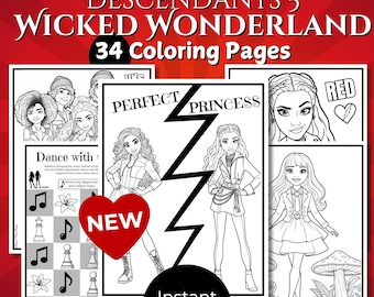 Descendants 5 Coloring Pages, Wicked Wonderland Coloring Book, Perfect Princess Color Sheets Birthday Activity (Instant Download Printable)