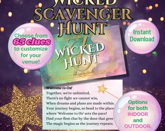 Wicked Scavenger Hunt-tema födelsedagsaktivitet, Oz Treasure Hunt utskrivbart partyspel inomhus utomhusspel för barn anpassat direktnedladdning