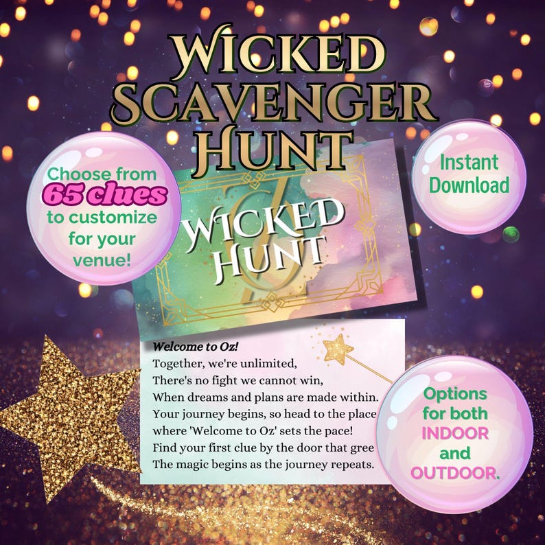 Wicked Scavenger Hunt - Printable Party Game - Customizable for any place, indoor or outdoor. For kids of all ages. Print with picture hints or no picture hints. 65 clues to choose from.