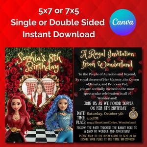 Descendants 4 Rise of Red, convite de aniversário real da princesa vermelha do país das maravilhas, Chloe editável digital para download, cartão de convite personalizado para festa com foto