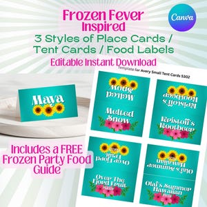 Peut inclure: Cartes de table et étiquettes alimentaires turquoise sur le thème de La Reine des Neiges. Les cartes présentent des tournesols et du texte comme "Maya", "Melted Snow" et "Kristoff's Rootbeer". Comprend un guide gratuit sur les aliments de fête Frozen.