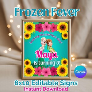 Frozen Fever verjaardag tafelborden, Elsa Anna zomer zonnebloem decor, welkomstbord bewerkbare sjabloon (afdrukbare Instant Download 8 x 10)