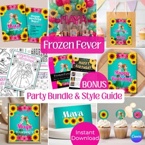 Frozen Fever Invitation Birthday Party Bundle & Style Guide | Editable Canva Frozen Birthday Decoration | Sign, Activity Book, Card, Cupcake