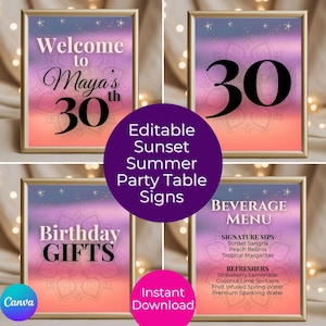 May include: Four framed party signs with a sunset gradient background. The signs include text such as "Welcome to Maya's 30th", "30", "Birthday GIFTS", and "BEVERAGE MENU". The beverage menu lists signature sips and refreshers.