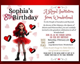 Può includere: Un biglietto d'invito di compleanno rettangolare con un personaggio dei cartoni animati con lunghi capelli rossi, una giacca di pelle nera e una gonna di tulle rosso. Il testo recita Sophia's 8th Birthday e A Royal Invitation from Wonderland.