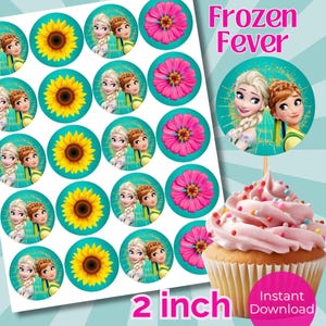 Decoraciones para cupcakes de Frozen Fever, fiesta de girasoles de verano, cumpleaños de primavera de Elsa y Anna de Frozen, círculos para cupcakes (PDF imprimible de descarga instantánea)