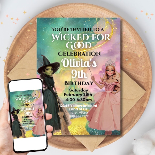 Inbjudan till födelsedag med Wicked For Good-tema, fest med Wicked-tema för barn, anpassad festinbjudan, personifiera i Canva, direkt digital nedladdning, 5x7