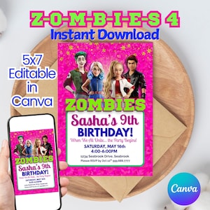 Zombies 4 Birthday Invitation: Zombies Movie Pink Party Invite Editable Text Digital Download Customizable Canva Template 5x7 Zed Addison