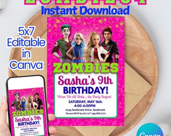 Zombies 4 verjaardagskaart: Roze feestuitnodiging met zombiethema, bewerkbare tekst, digitale download, aanpasbare Canva-sjabloon 5x7 inch, Zed Addison