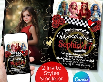 Può includere: Un invito di compleanno a tema Wonderland. L'invito presenta una ragazza con un vestito rosso e uno smartphone che mostra un invito simile. L'invito principale recita "You're invited to Wonderland" e "Sophia's 7th Birthday!"
