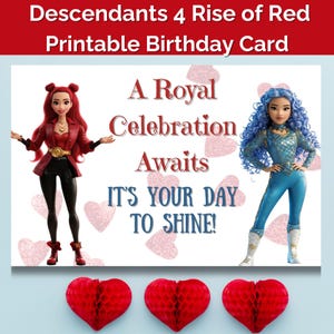 Descendants 4 Rise of Red, Wunderland druckbare Geburtstagskarte, Landschafts-Sofortdownload-Digitaldruck, rote Prinzessin Chloe, Kinder-Party-Karte
