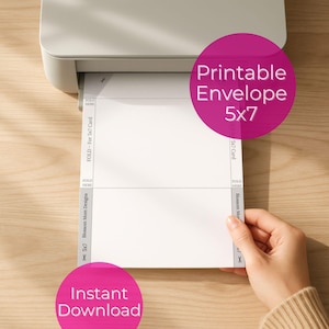 Może przedstawiać: Biała kartka papieru z nadrukowanym wzorem koperty jest drukowana z białej drukarki. Tekst "Printable Envelope 5x7" znajduje się w różowym okręgu. Tekst "Instant Download" znajduje się w różowym okręgu.