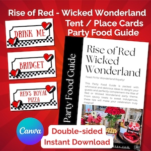 Tarjetas de lugar de Descendants 4 Rise of Red Wicked Wonderland, tarjetas de carpa editables, idea de comida para fiestas, descarga instantánea, decoración imprimible, cumpleaños personalizado