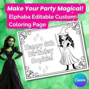 Wicked Custom Coloring Page, Wicked Birthday Party Activity, Digital Instant Download Editable in Canva, Elpheba Party Favor Color Sheet