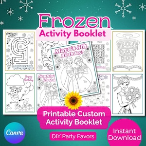 Páginas para colorear de Frozen Birthday Activity Book, Frozen Fever, recuerdo personalizado para fiesta de cumpleaños, plantilla Canva editable y personalizada, descarga instantánea