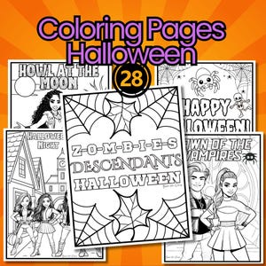 May include: A selection of Halloween-themed colouring pages. The pages feature various designs, including spiderwebs, cartoon characters, and the text "Happy Halloween!" and "Z-O-M-B-I-E-S DESCENDANTS HALLOWEEN". The image has an orange background.
