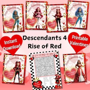 Tarjetas de San Valentín, Rise of Red Descendants 4, Princesa Roja, Descarga digital instantánea para imprimir para niños de la escuela para fiestas en el aula y amigos