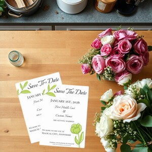 Grün Sparen Sie das Datum einladen Hochzeitseinladungen, Postkarte Personalisieren Sie kundengerechte Namen, Datum u. Lage, einfaches elegantes Design, Massenveranstaltungen
