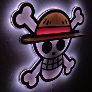 Może przedstawiać: Podświetlana półka ścienna z symbolem Jolly Roger z anime One Piece. Projekt zawiera białą czaszkę z incydentalnymi kośćmi, słomkowy kapelusz i czerwoną opaskę. Półka jest podświetlona delikatnym, białym światłem.