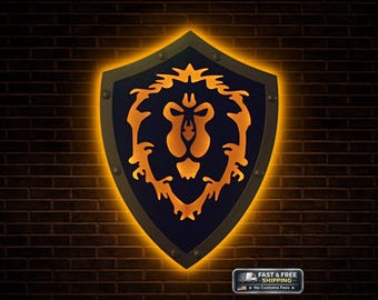 Lion Alliance Crest LED Wall Light | World Of Warcraft Inspired RGB LED Banner Sign | Gaming Room Fantasy Decor