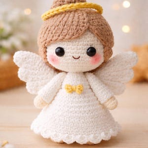 Pode incluir: Boneca de anjo de crochê feita à mão, com vestido branco, asas e auréola amarela. A boneca tem cabelo castanho, bochechas rosadas e um laço amarelo. Um charmoso objeto decorativo.