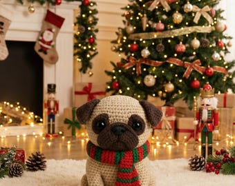 Schema all'uncinetto per un carlino di Natale: giocattolo amigurumi per cani (schema PDF), schema all'uncinetto per un giocattolo amigurumi per un carlino, tutorial per animali amigurumi