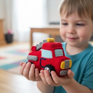May include: A handmade red crochet fire truck toy with gray and yellow accents. The toy features a ladder, windows, and black wheels. This soft toy is perfect for children.