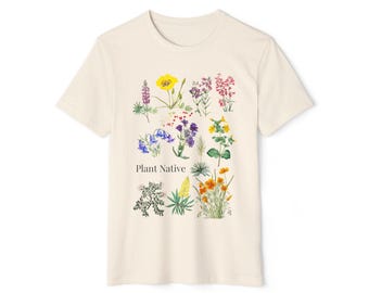 Camiseta ecológica, moda sostenible, camiseta de plantas nativas de California, camiseta de polinizadores de conservación, camiseta de algodón orgánico reciclado, naturaleza