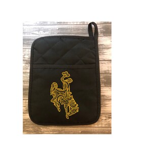 Officially Licensed Wyoming Cowboy steamboat Mandala/Zentangle Potholder/Oven Mitt in black