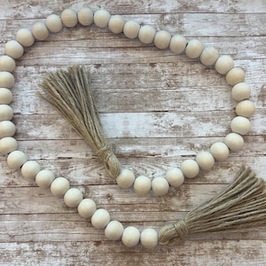 Farmhouse Natural  Wood Bead Garland, Tiered Tray Decor, Beaded Garland, Natural Beads, Farmhouse decor, Garland with Tassel, Boho