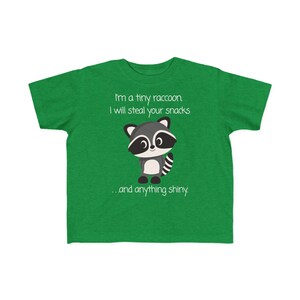 May include: Green t-shirt featuring a cartoon raccoon and the text "I'm a tiny raccoon I will steal your snacks...and anything shiny."