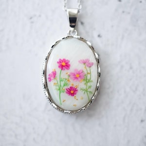 Cosmos Flower Pendant with Freshwater Shell & Gold Leaf, Japanese Floral Necklace, Handmade Jewelry Gift