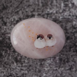 Puede incluir: Una piedra de cuarzo rosa lisa y ovalada con dos pequeñas ilustraciones de pájaros. Los pájaros tienen cabezas marrones, ojos negros y cuerpos blancos. Copos dorados salpican la piedra rosa.