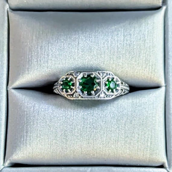 Sterling Silver Emerald 3-Stone Ring - image 1