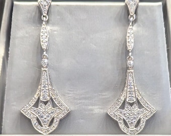 14k White Gold Plated Diamond Art Deco Earrings