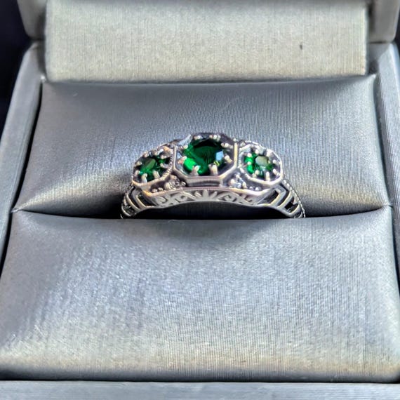 Sterling Silver Emerald 3-Stone Ring - image 2