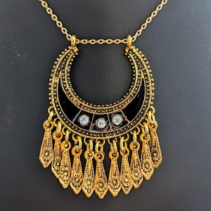 Gold-tone Black Enamel and Rhinestone Pendant Necklace