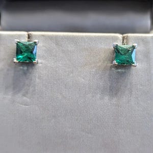 Sterling Silver Princess Cut Emerald Earrings